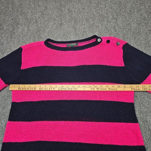 Lauren Ralph Lauren Stripe Knit Sweater XL Pink Navy Button Shoulder Preppy - Picture 6 of 8